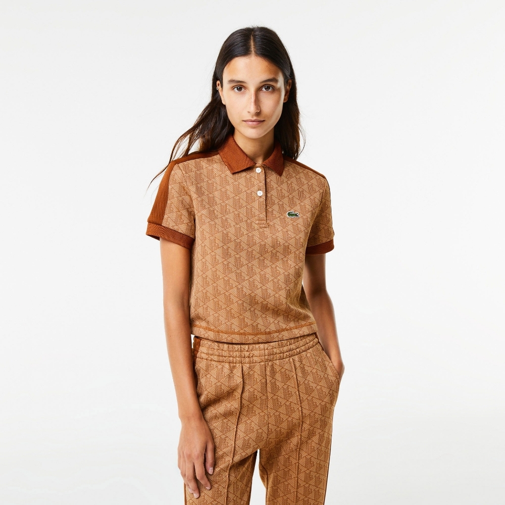 Rare! Lacoste Brown Monogram Contrast Collar Cropped Polo 34 XS Regular Fit